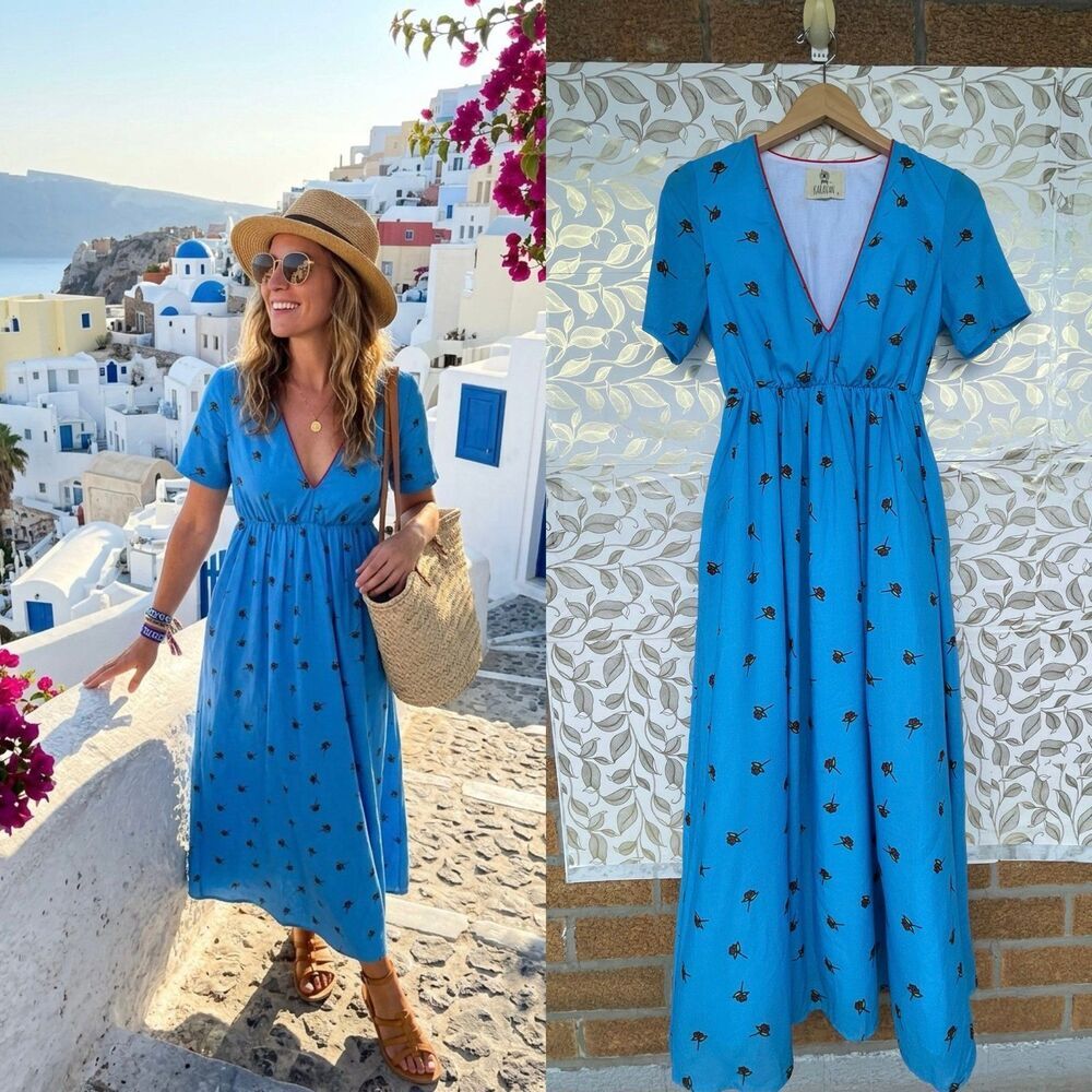 KARAVAN Greece Blue Rose Print Maxi Dress S Boho Whimsical Cottagecore Romantic